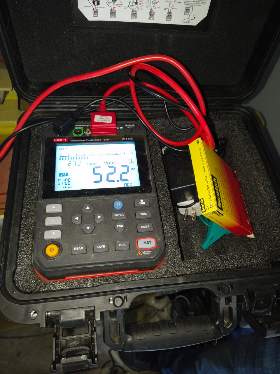 Equipo Megger UNI-T digital mostrando medición de resistencia de aislamiento