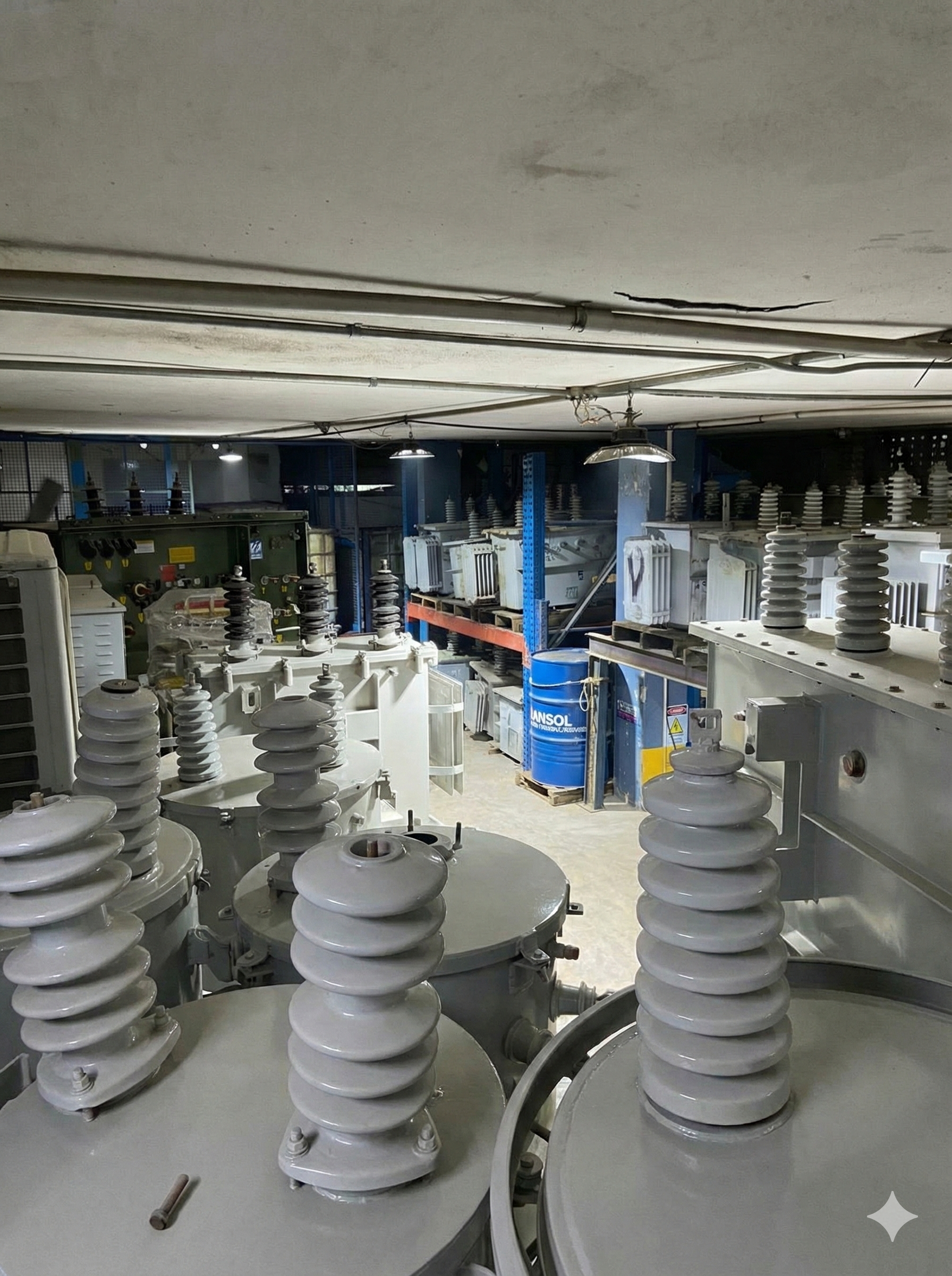 Bodega de almacenamiento con múltiples transformadores listos para entrega